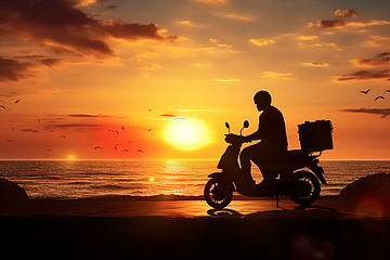 夕暮れの海沿いを走るUber Eats配達員の後ろ姿