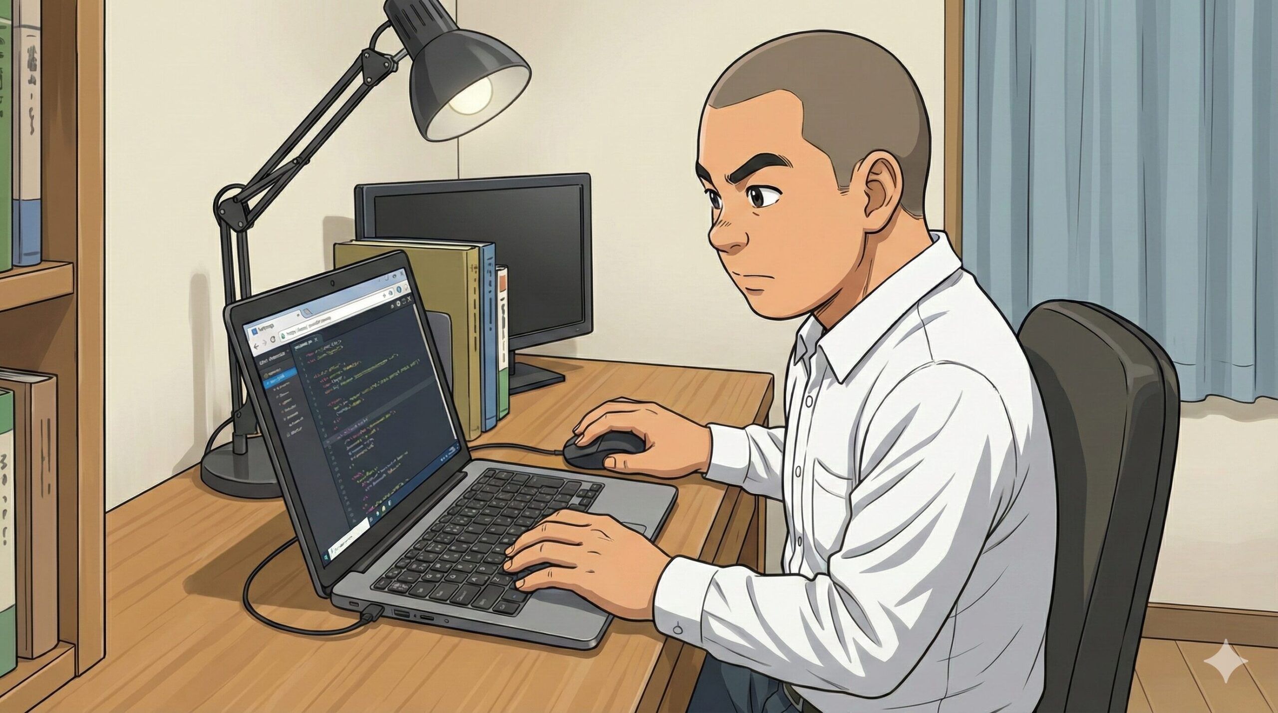 50代のフードデリバリー配達員がパソコンでAIを学んでいる様子