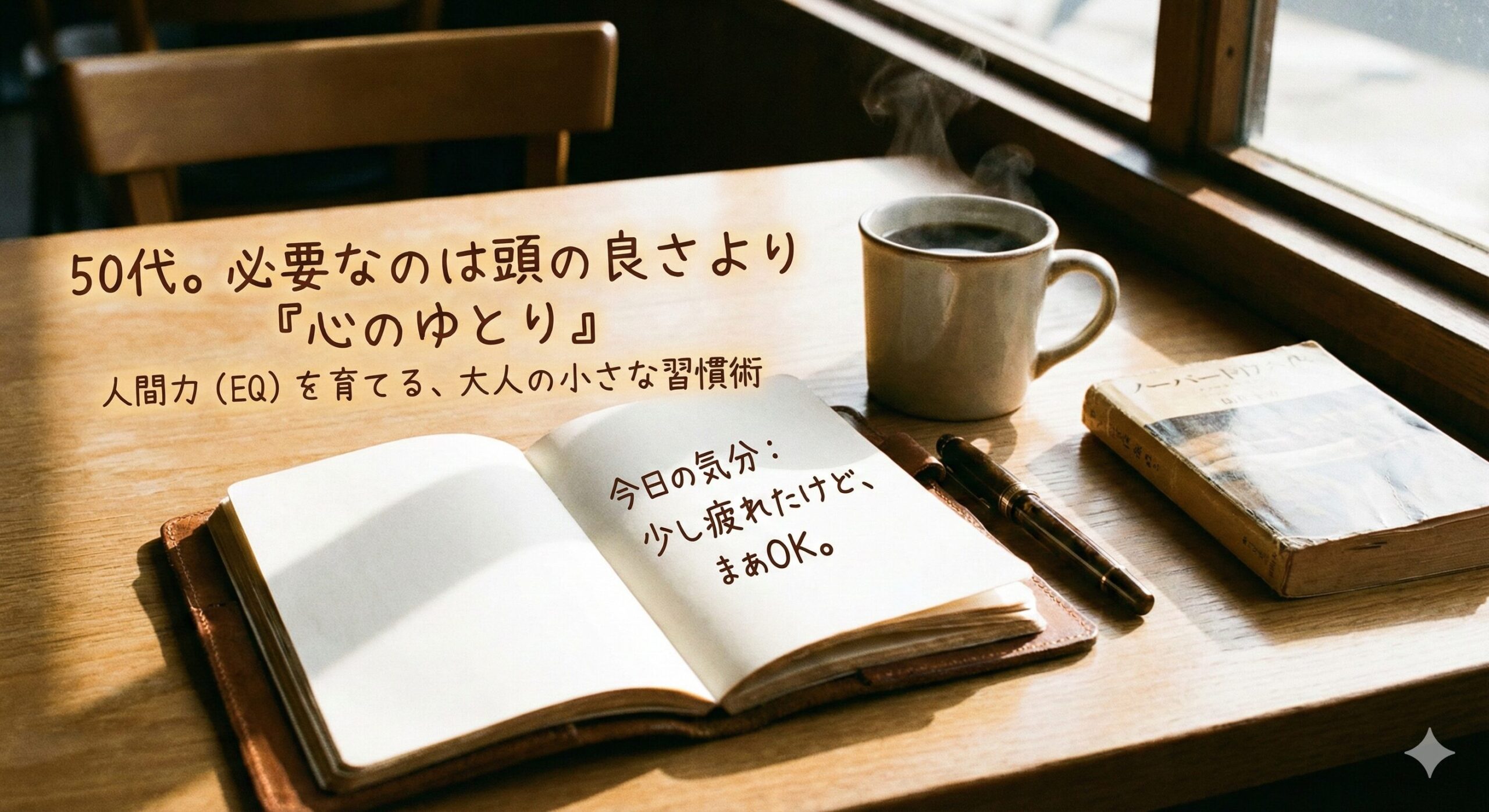 「人生後半戦のEQ（人間力）を高める習慣。感情を書き出す手帳と読みかけの小説、温かいコーヒーのある穏やかな風景」