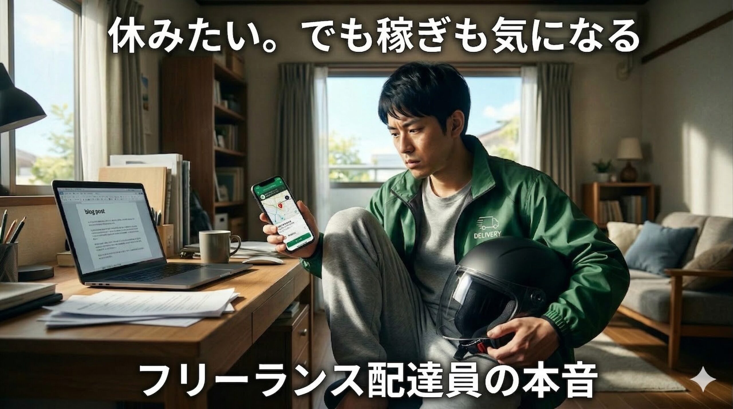 休みたいのに稼ぎも気になるフリーランス配達員の葛藤を表したアイキャッチ画像