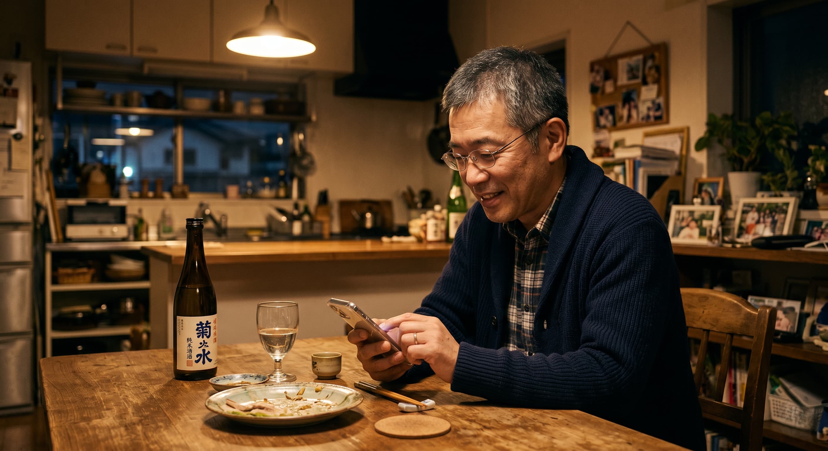夜の食卓でスマートフォンを見ながら微笑む50代男性、傍らに日本酒