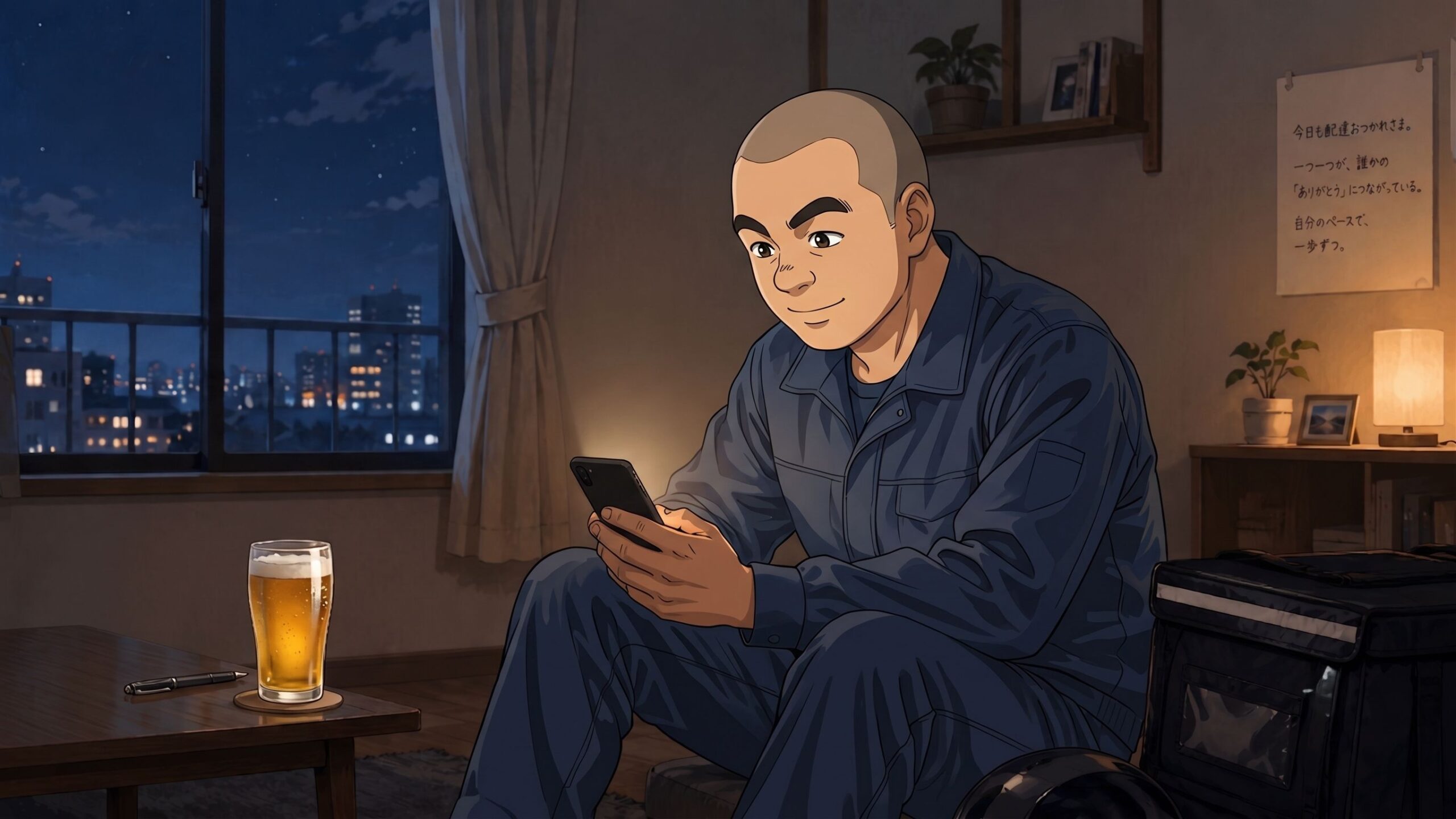 夜のアパートでスマホを見る50代配達員のイラスト