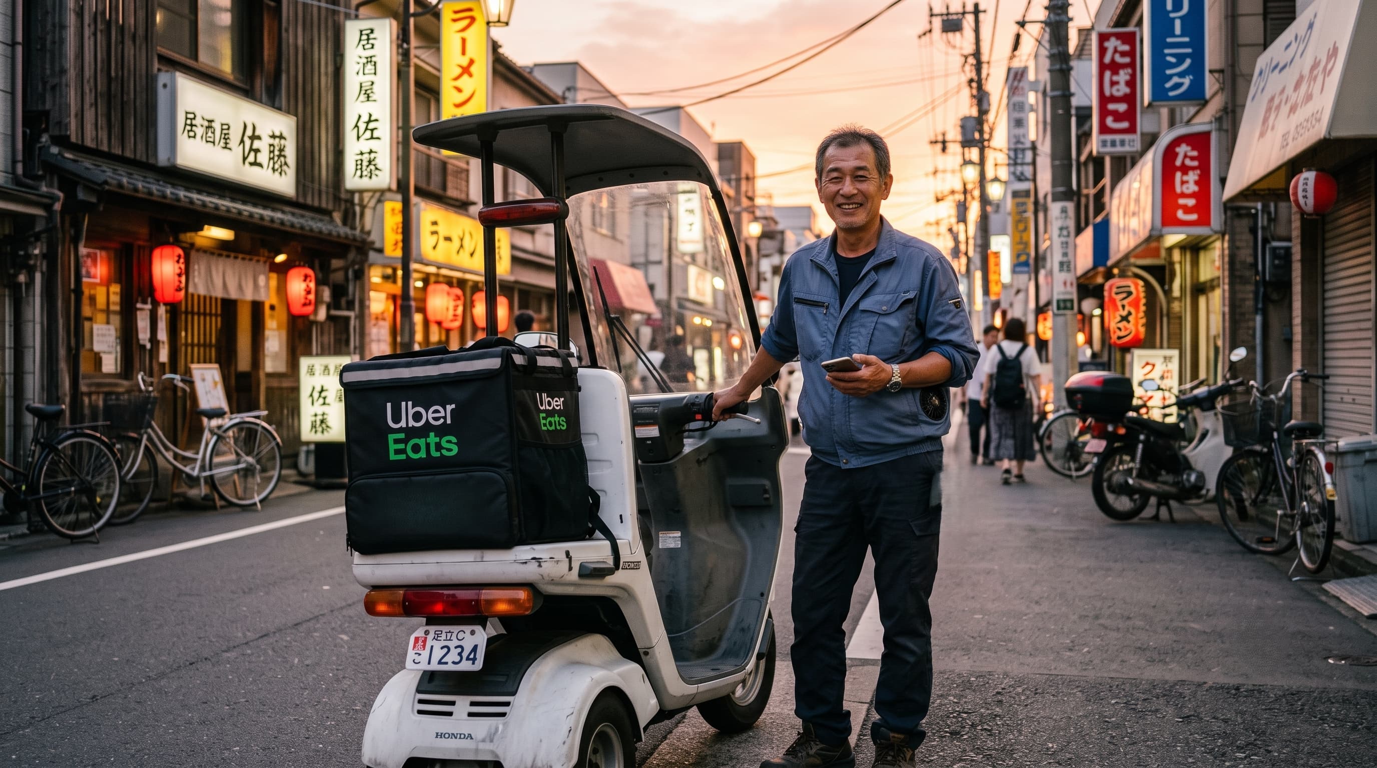 屋根付きバイクの横に立つ50代のUber Eats配達員（夕暮れの下町）