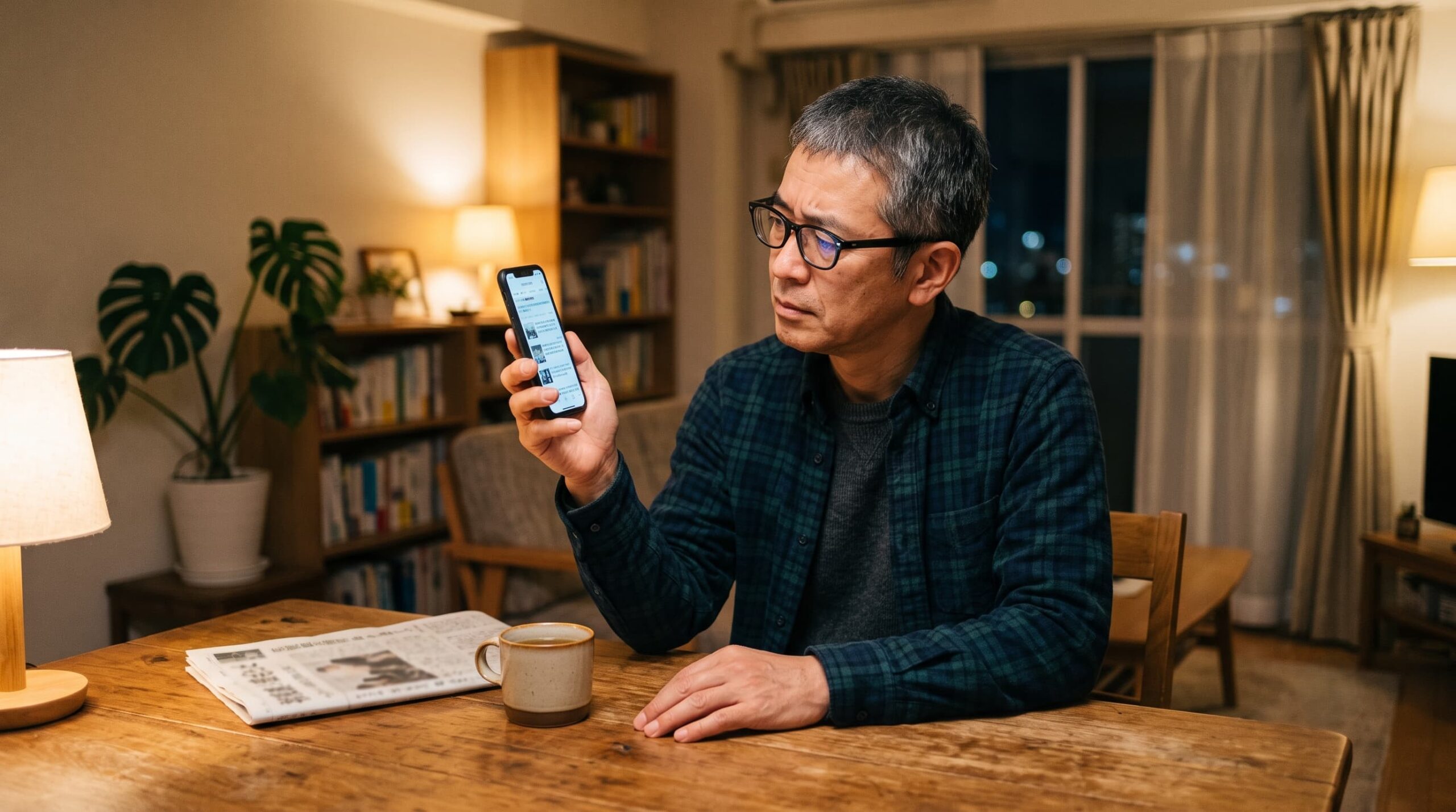 スマートフォンの画面を確認しながら考え込む50代男性