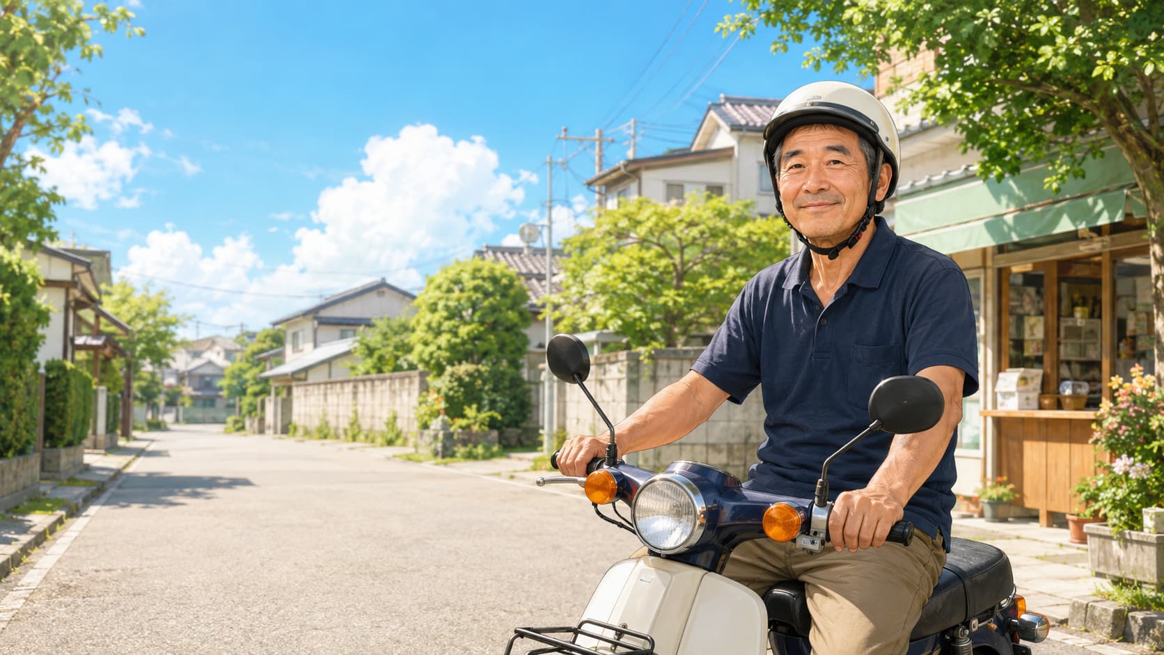 夏の住宅街で原付にまたがる、笑顔の50代の男性配達員
