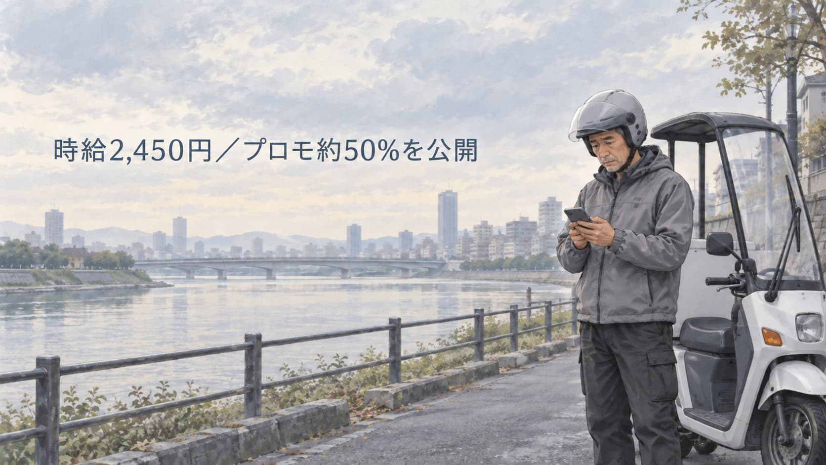 川沿いでスマホを見る50代のフードデリバリー配達員。時給2,450円・プロモ約50%を実際の売上で公開