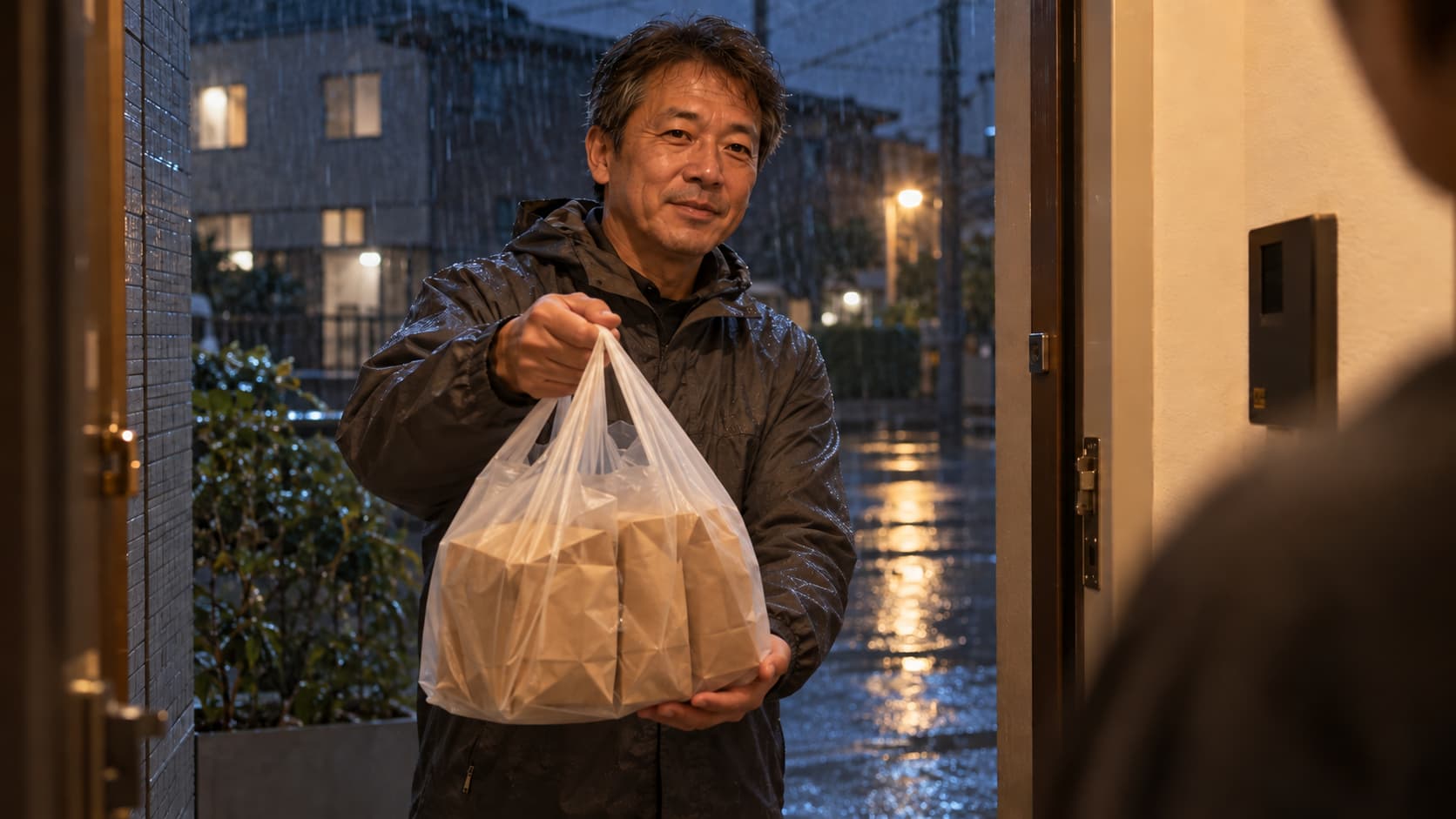 雨の夜、ビニール袋に入れた紙袋を両手で丁寧に手渡す配達員